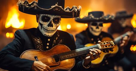 Colorful Skeleton Musicians Performing Traditional Mariachi Music