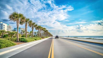 Fototapeta premium Illustration image of empty asphalt road beside the sea background, highway beside the sea, outdoors horizontal image, Generative AI illustration
