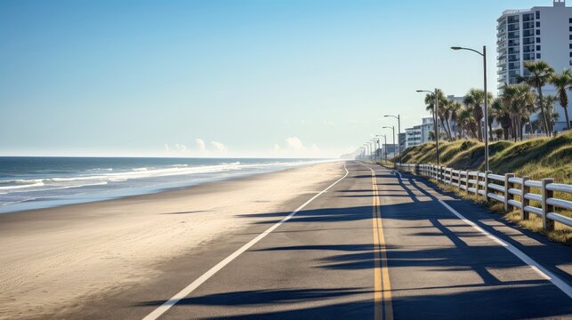 Illustration image of empty asphalt road beside the sea background, highway beside the sea, outdoors horizontal image, Generative AI illustration