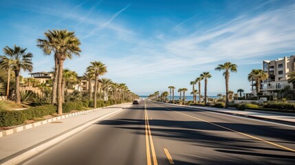 Fototapeta premium Illustration image of empty asphalt road beside the sea background, highway beside the sea, outdoors horizontal image, Generative AI illustration