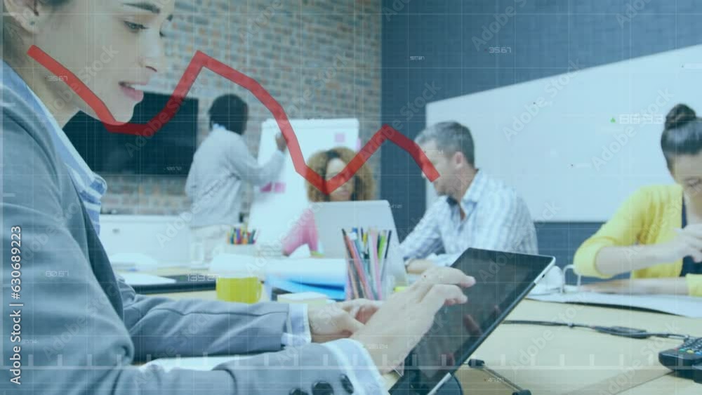 Poster animation of data processing against caucasian woman smiling while using digital tablet at office