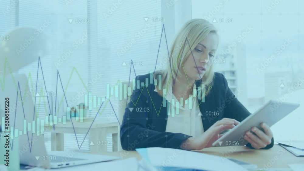 Poster animation of data processing against caucasian woman smiling while using digital tablet at office