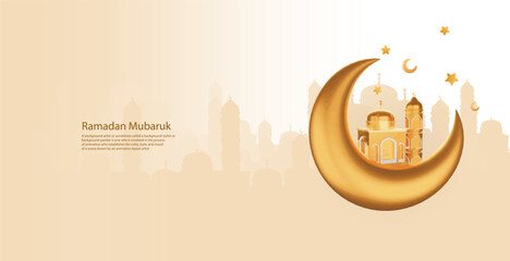 Gold crescent moon with mosque and entering the month of ramadan.Vector illustration