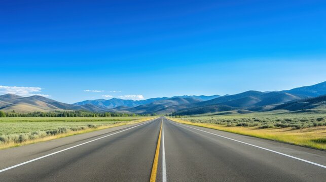 Illustration image of landscape with country road, empty asphalt road on blue cloudy sky background. Multicolor vibrant outdoors horizontal image, Generative AI illustration