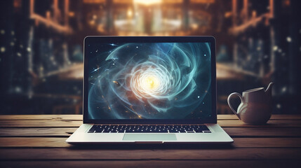 Laptop on the desktop, homework business idea new quality, universal colorful technology, illustration design, generative ai