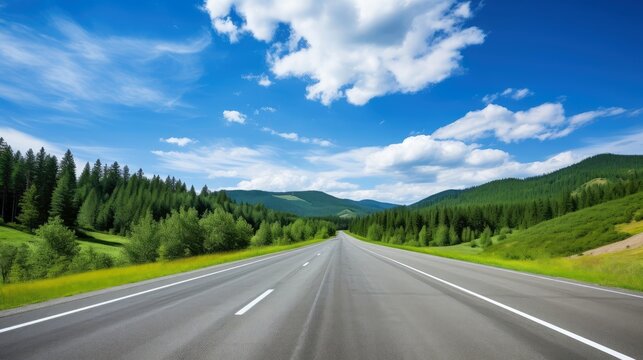 Illustration image of landscape with country road, empty asphalt road on blue cloudy sky background. Multicolor vibrant outdoors horizontal image, Generative AI illustration