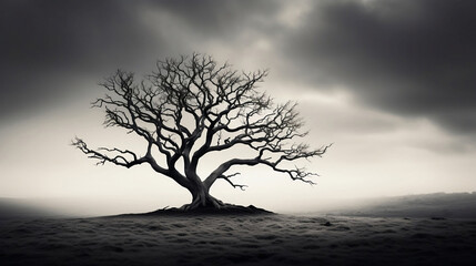 Bare, Gnarled Tree Silhouetted Against a Stark Cloud-Filled Sky: A Hauntingly Beautiful Black and White Image. Generative Ai. 