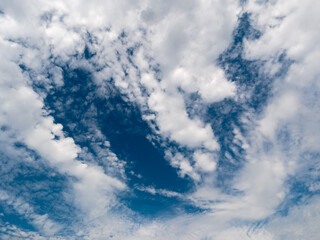 A wide angle photo of a windy sky with blue tones. Summer or spring sky with clouds. Natural...