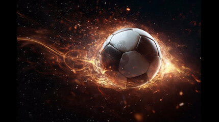 a soccer ball in the centre surrounded by sparks and fire against a black background, generative AI