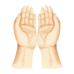 Two open palms hands gesture watercolor illustration isolated on white background. Poverty, outstretched or raised in asking prayer hands