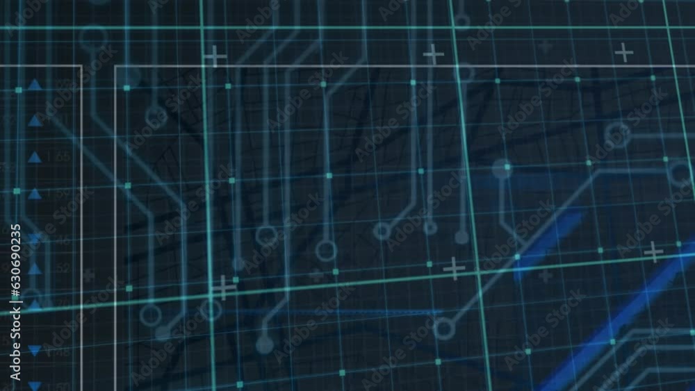 Poster animation of computer circuit board and data processing over grid on black background