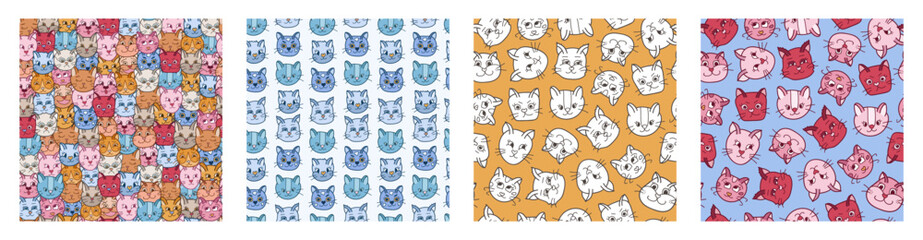 Set of simple seamless pattern with cats faces close up with different emotions. Cute print with hand drawn doodle kitten. Cute wallpaper print for trendy fabric design. Creative background.