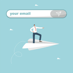 Communication by e-mail, sending emails and letters, working business correspondence of company employees, targeting and information concept, man flies on paper plane next to the message sending line.