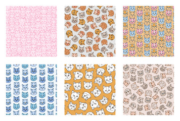 Set of simple seamless pattern with cat's faces close up with different emotions. Cute print with hand drawn doodle kitten. Cute wallpaper print for trendy fabric design. Creative background