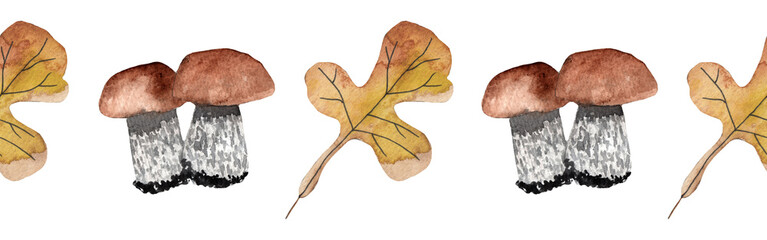 Naklejka premium Seamless border yellow leaves trees and mushrooms, foliage of natural branches, yellow leaves, herbs, mushrooms hand drawn watercolor on white background.