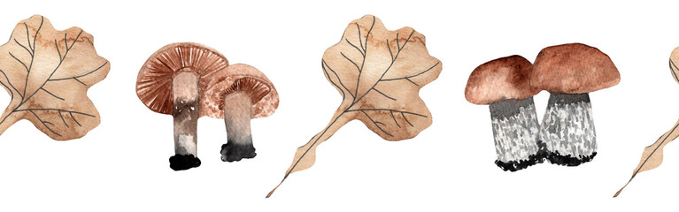 Seamless border yellow leaves trees and mushrooms, foliage of natural branches, yellow leaves, herbs, mushrooms hand drawn watercolor on white background.