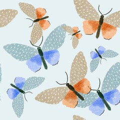 Vintage butterflies seamless pattern with textured wings. Hand drawn elegant naive wild butterflies illustration. 
