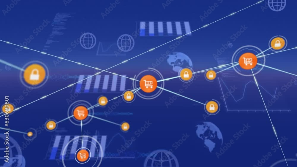 Poster animation of network of connections with icons over statistics