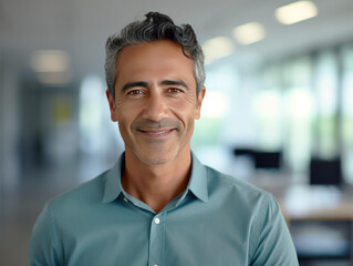 Obraz premium Headshot close up portrait of indian or latin confident mature good looking middle age leader, ceo male businessman on blur office background. Handsome hispanic senior business man smiling at camera.