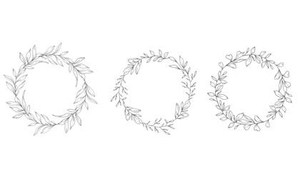 Floral Frames Line Art, Fine Line Greenery Frames Hand Drawn Illustration. Outline Leaves and Flowers. 