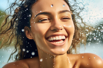 Healthy Skin, Happy Woman: A Close-Up with Water Cascades - obrazy, fototapety, plakaty