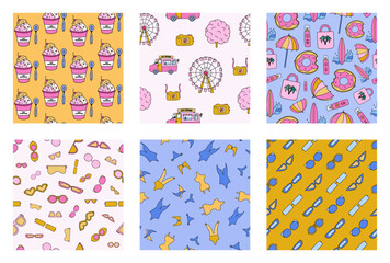 Set of simple seamless pattern with summer doodles. Cute print with hand drawn vacation clipart. Cute wallpaper print for fabric design with symbols of summer holiday, tropical beach, hot weather.