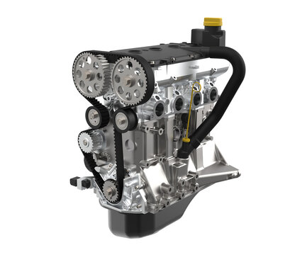 Car engine with timing belt. Detailed view with car engine. Timing belt is used to synchronize the rotation of the crankshaft and the camshaft.