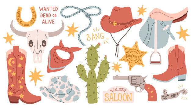 Wild west set. Flat design set with cowboy hat boots handgun cactus lasso saloon signboard cow skull horseshoe saddle