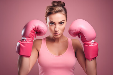 breast cancer awareness month: woman in pink sports clothes punching with pink boxer gloves - obrazy, fototapety, plakaty