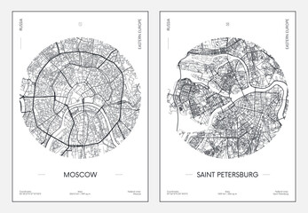 Travel poster, urban street plan city map Moscow and Saint Petersburg, vector illustration