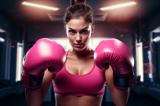 breast cancer awareness month: woman in pink sports clothes punching with pink boxer gloves