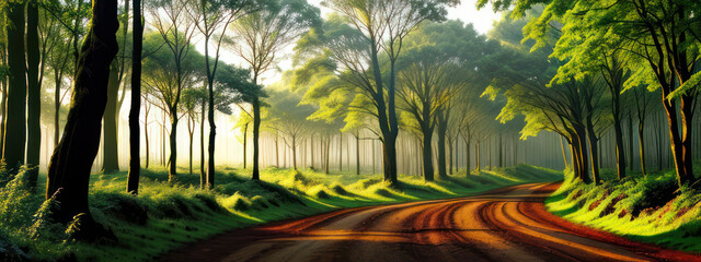 Beautiful Trees In The Foggy Morning Forest Landscape With Roadway For Background
