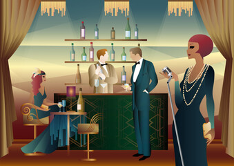 Party with a singer and a bartender in a club. Party invitation design in retro art deco style.