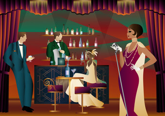 Party with a singer and a bartender in a club. Party invitation design in retro art deco style.