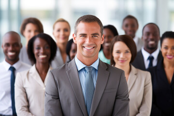 A group of people in business attire. hey are standing in a row, with one person in the center wearing a gray suit and tie. The background is a modern office with large windows and a city view