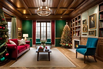 On the  holiday night, the interior of the house is decorated with a New Year tree. largest light room decorated with wood  furniture generated by AI