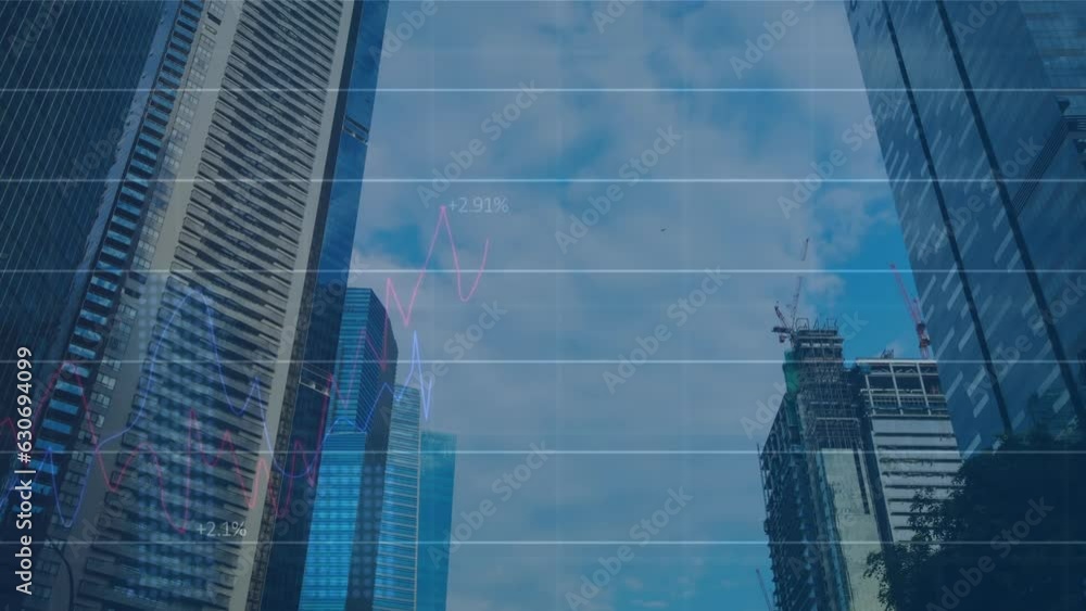 Poster animation of graphs, changing numbers, low angle view of buildings against time-lapse of cloudy sky