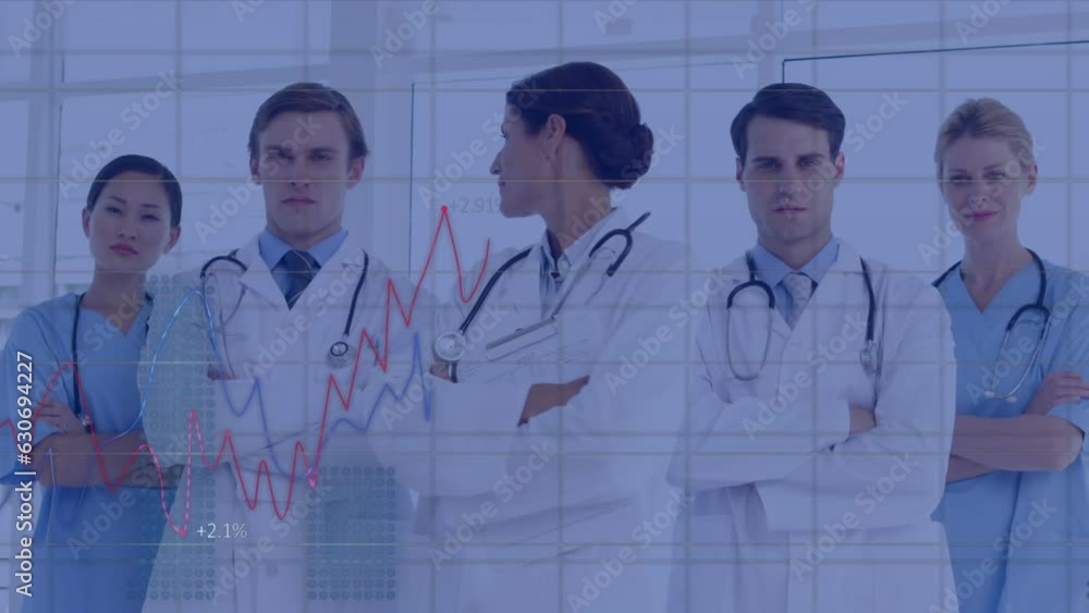 Aufkleber animation of multiple graphs with numbers over diverse doctors standing arms crossed in hospital