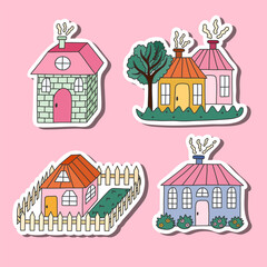 Set of stickers with cute hand drawn country house with window, chimney. Cozy village hutches with tree, fence, flowers. Exterior of home, village buildings, countryside home