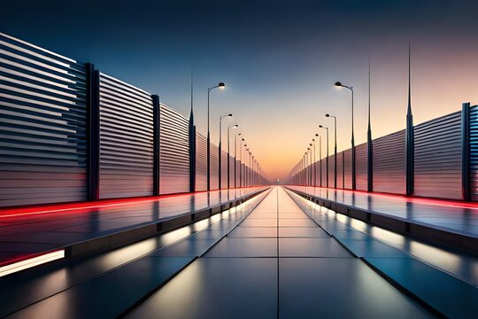 Modern street LED lighting pole. Urban electro-energy technologies. A row of street lights against the night sky.AI generated - Powered by Adobe