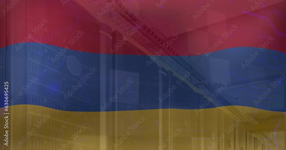 Poster animation of flag of armenia waving with abstract lines over server room