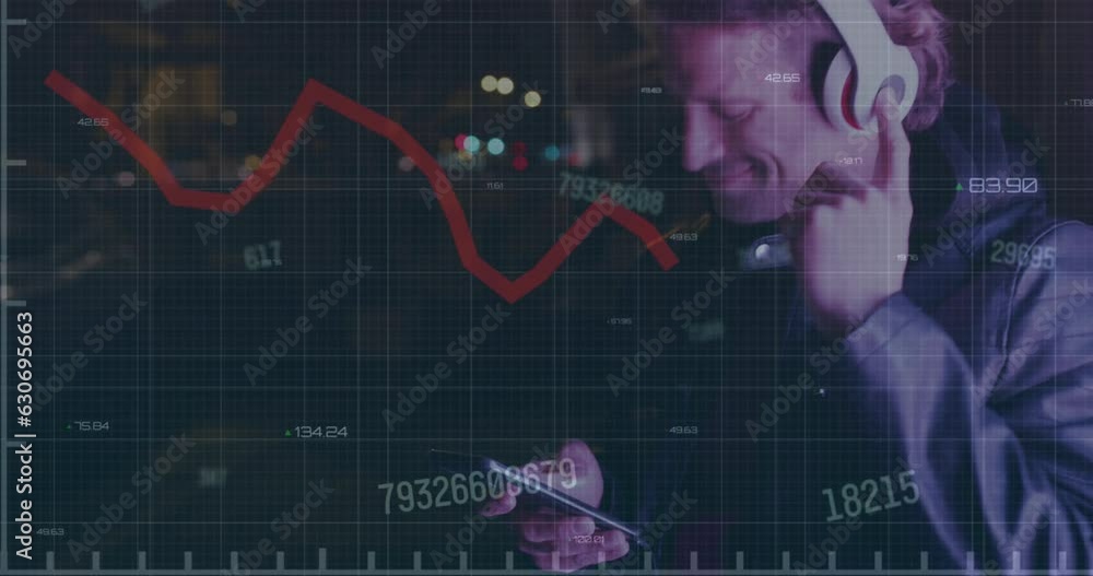 Poster animation of graph and changing numbers, caucasian man using cellphone and listening to music