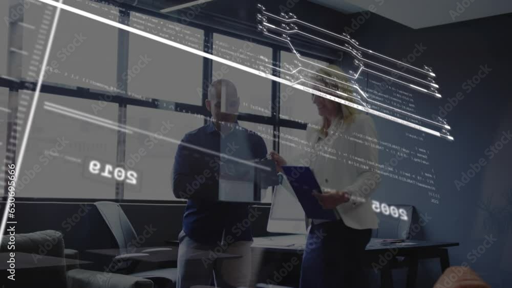 Poster animation of lines, changing numbers and computer language, diverse coworkers discussing reports