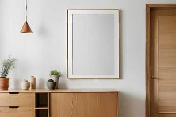 Interior blank frame poster mockup with vertical wooden frame in home interior background on cabinet.
