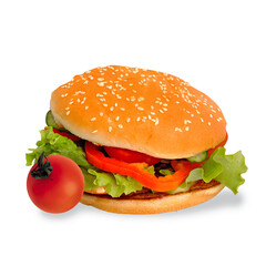 Bun with sesame seeds. Filling tomatoes, cucumber, lettuce and meat. Tomato in the foreground.