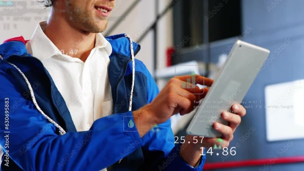 Aufkleber animation of multiple icons and computer language over caucasian man using digital tablet in office