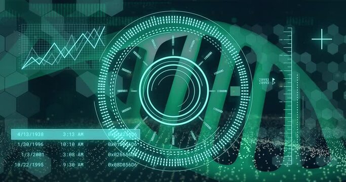Animation of loading circles, graphs, changing numbers over dna helix and hexagon pattern