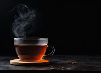 A Cup of freshly brewed black tea,escaping steam,warm soft light, darker background. Created with Generative AI technology. - obrazy, fototapety, plakaty