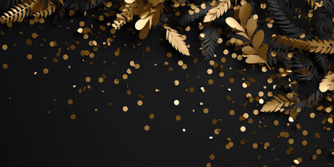 Christmas mockup with golden confetti, fir branches, cones, Xmas decoration on black. Advent calendar. New Years template.Top view. flat lay. Winter Holidays background with copy space.Generative ai