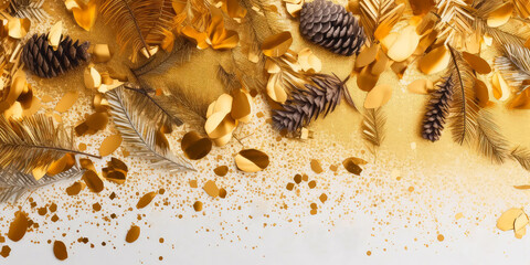 Obraz na płótnie Canvas Christmas mockup with golden confetti, fir branches, Xmas decoration on beige. Advent calendar. New Years template.Top view. flat lay. Winter Holidays background with copy space.Generative ai